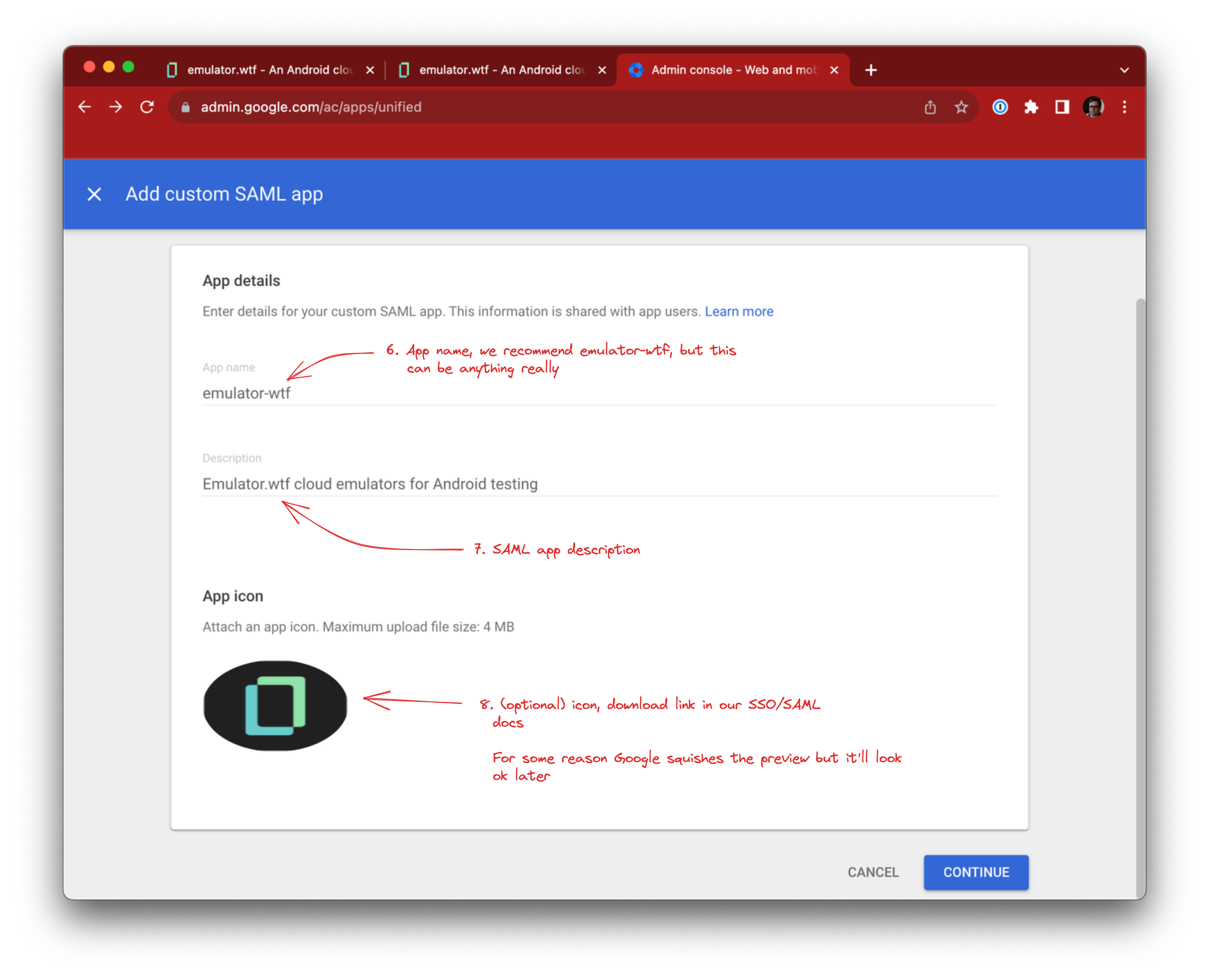 Filling basic SAML app details in Google workspace