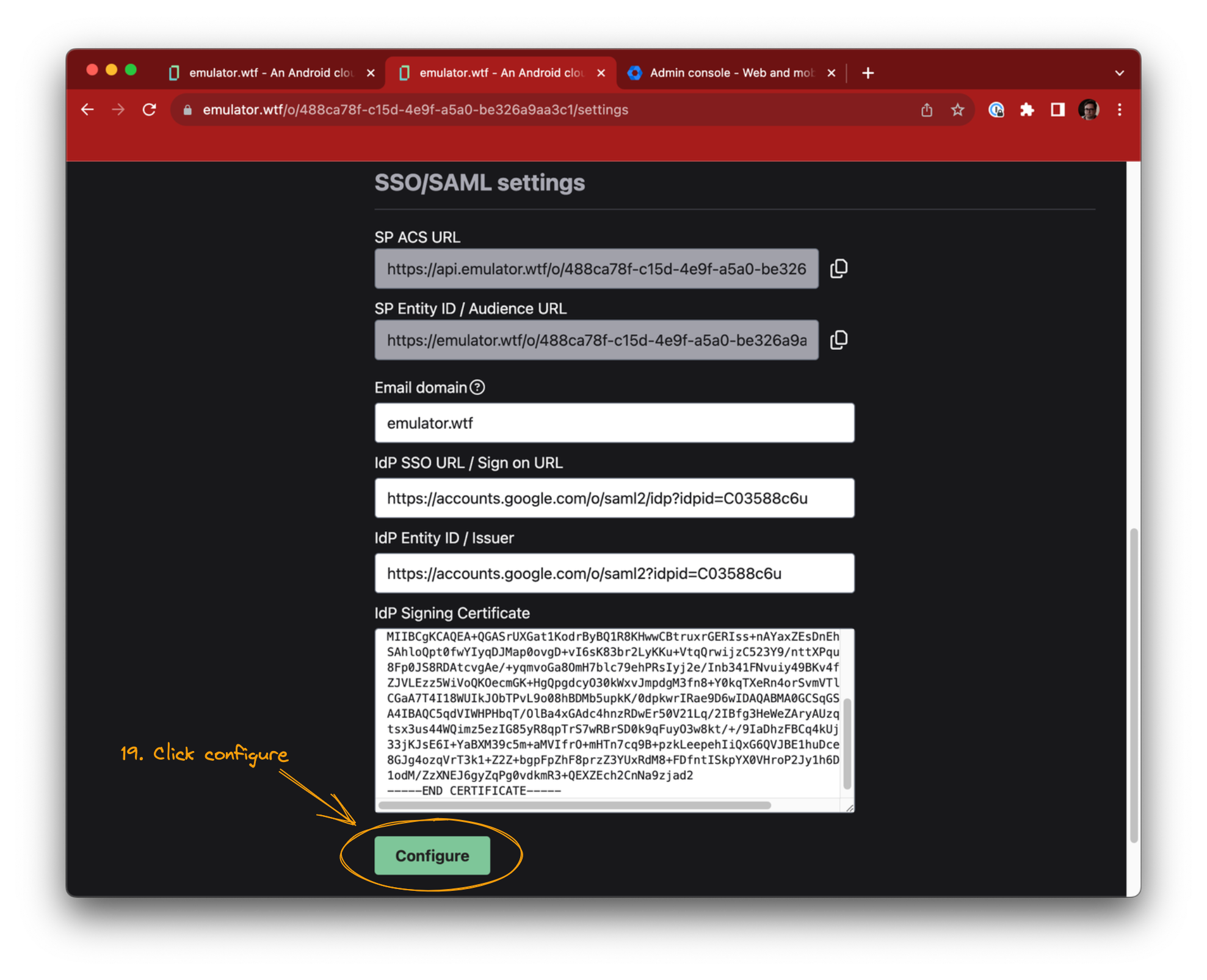 Finalizing SSO/SAML configuration in emulator.wtf