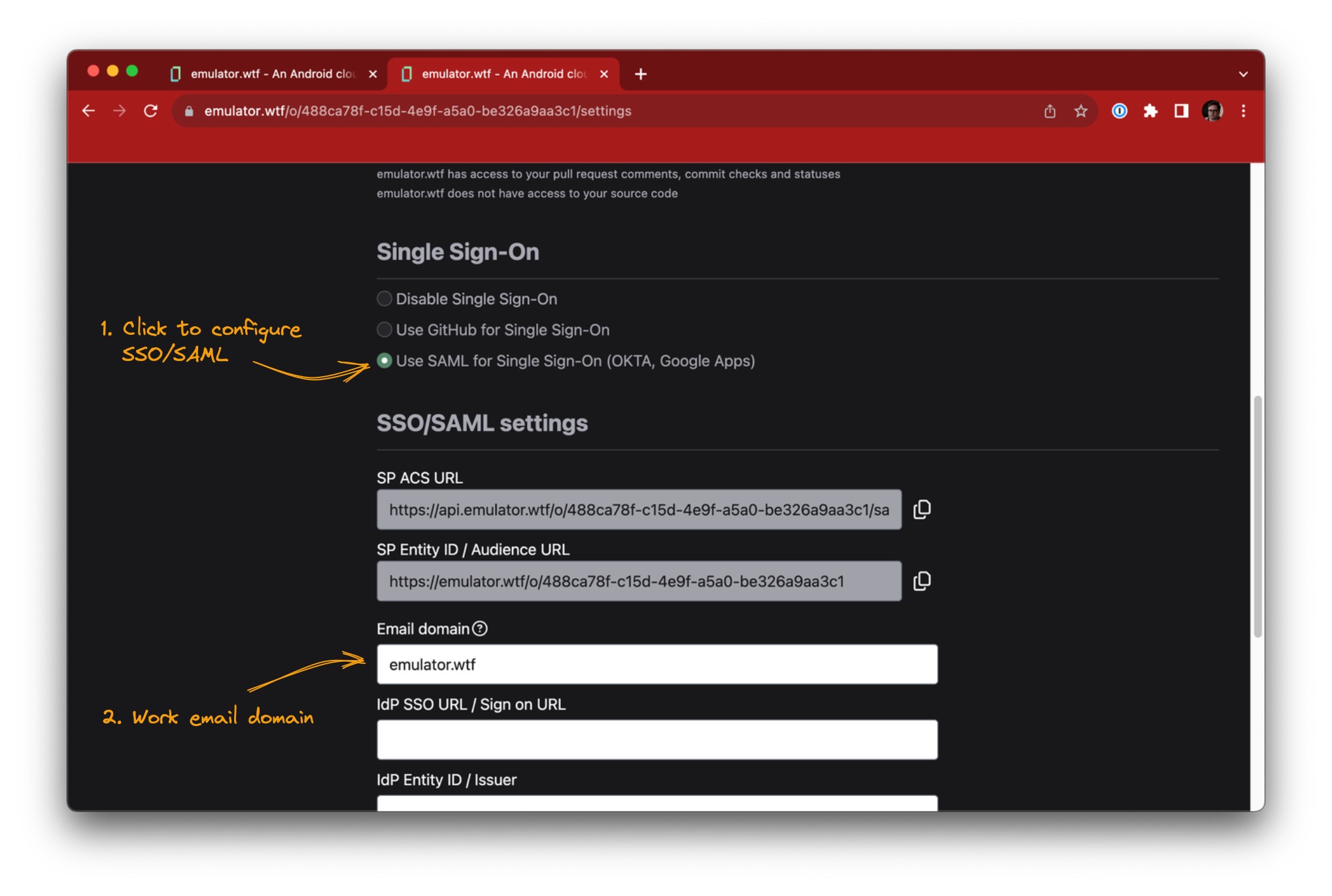 SSO/SAML configuration in emulator.wtf